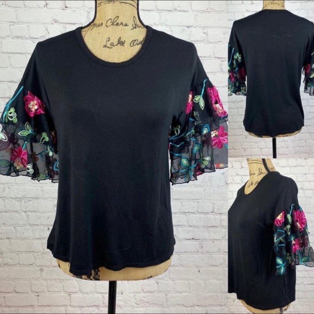 Kim & Cami Sheer Embroidery Sleeve Tee Top